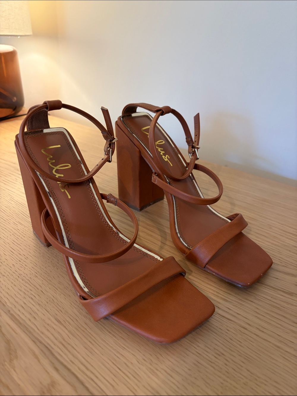 Lulu's Cognac Brown Strappy Block Heel Sandals